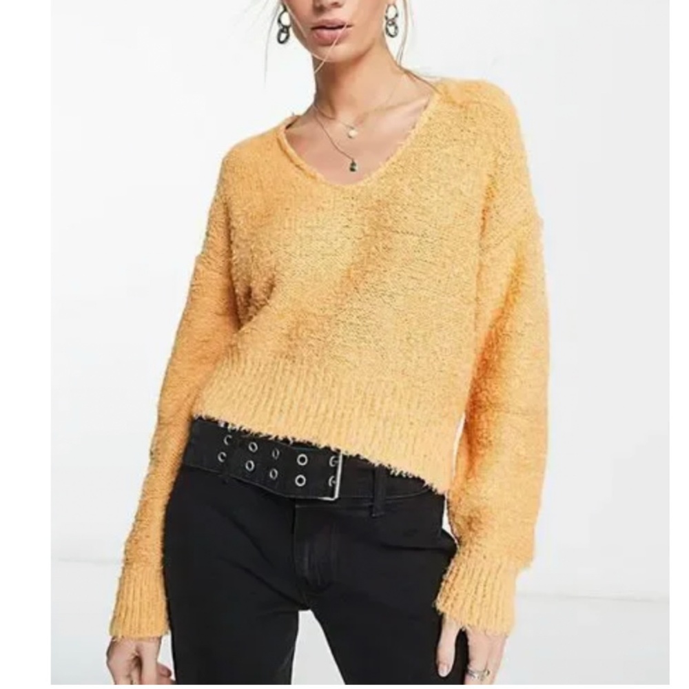 Free People Theo V-Neck Dropped-Shoulder Sweater in Orange